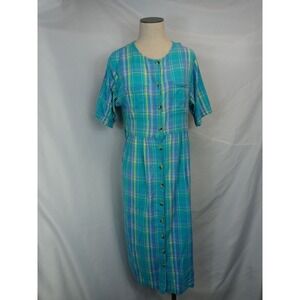 Vintage Mainstreet Blues Dress 18W Plus Plaid Button Front Midi 90s Cottagecore